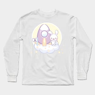 Fluffy Bunny Astronaut Landing Above in Clouds Long Sleeve T-Shirt